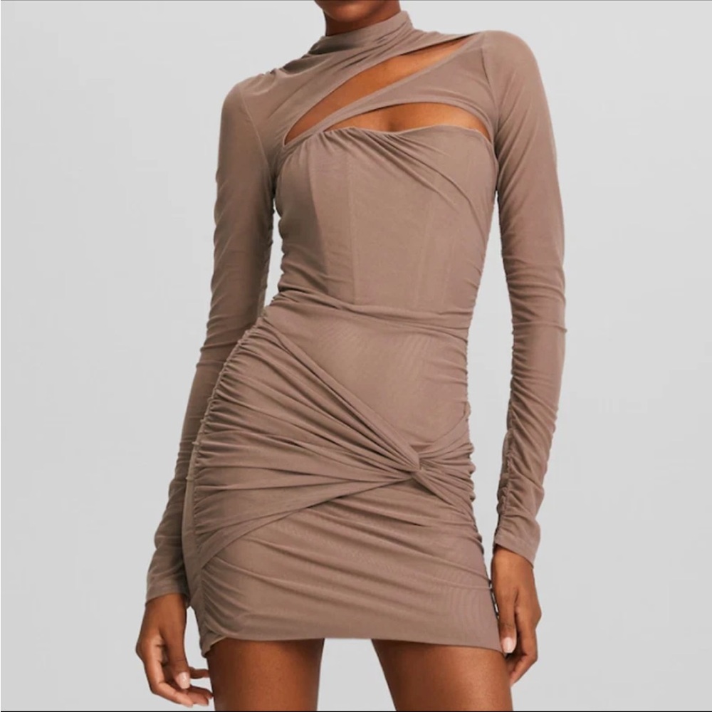 Bershka Brown Ruched Bodycon Dress Asymmetrical Mock Neck
